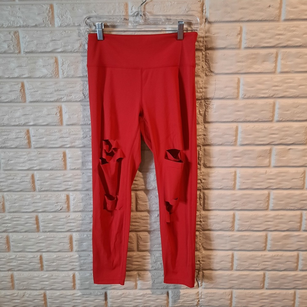 Zyia Active Leggings Womens Size 6-8 Red Slashed Luxe 24" Crop Rips‎